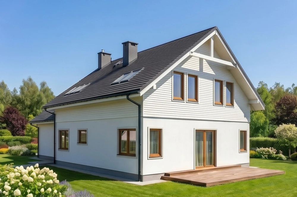 Projekt domu Gerberów S 2 tech. L-6612 S tech., parterowy z poddaszem użytkowym, niepodpiwniczony, z garażem, w technologii szkieletowej drewnianej - wizualizacja elewacji lewej