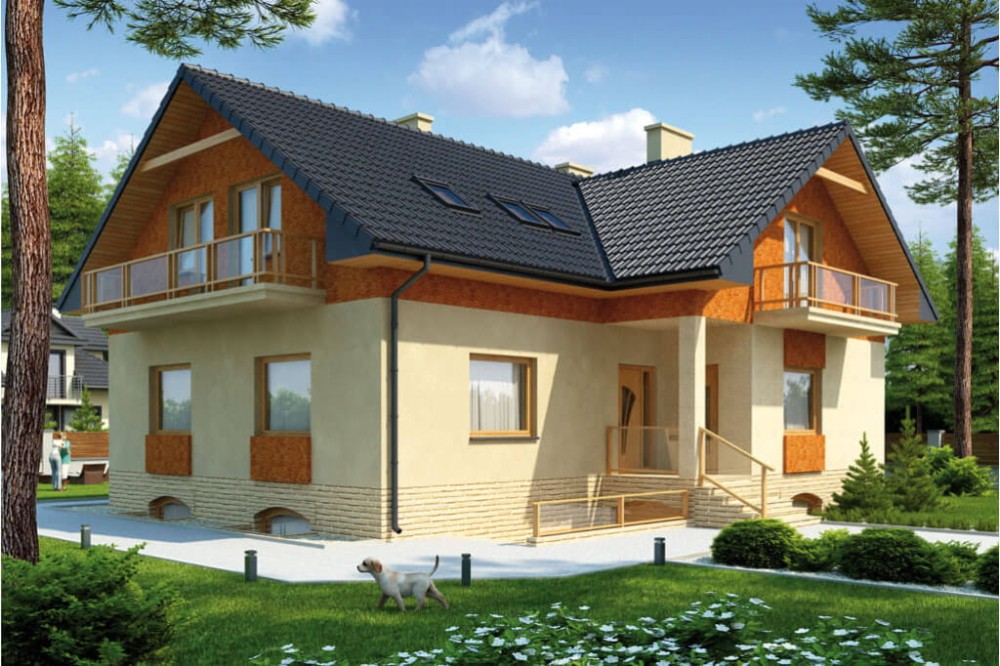 Projekt domu Konradów 2 tech. L-6327 tech., jednorodzinny, parterowy z poddaszem mieszkalnym, podpiwniczony - kolorystyka wersja 4