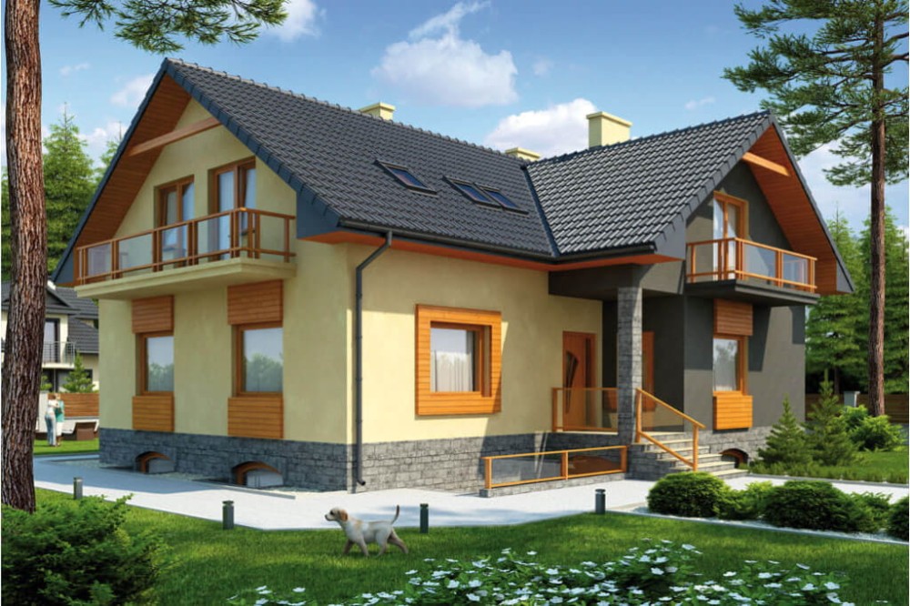 Projekt domu Konradów 2 tech. L-6327 tech., jednorodzinny, parterowy z poddaszem mieszkalnym, podpiwniczony - kolorystyka wersja 2