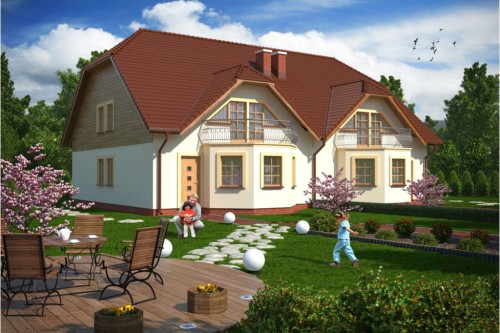 Projekt domu Gosławice tech. DM-5575 tech., parterowy z poddaszem mieszkalnym, bez podpiwniczenia w zabudowie bliźniaczej - kolorystyka wersja 1