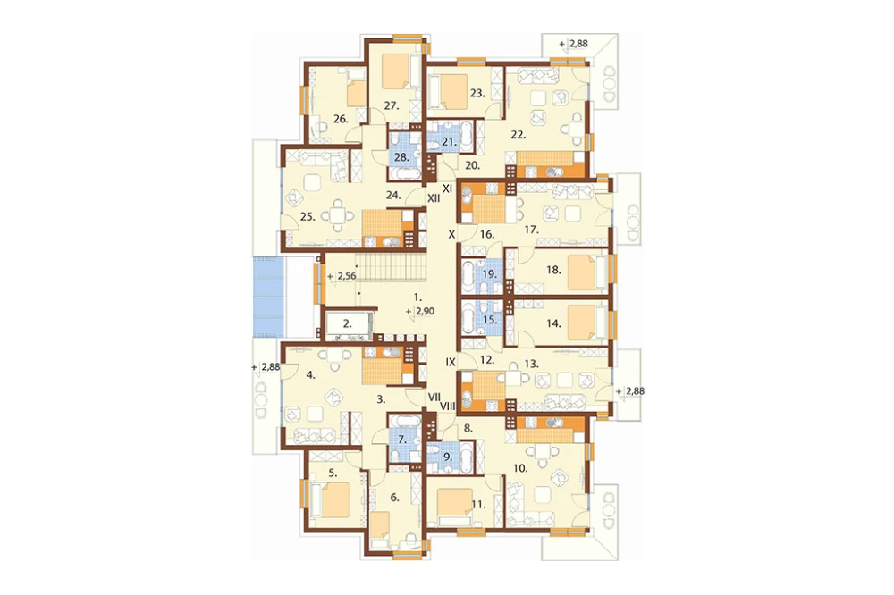 Projekt budynku wielorodzinnego L-6915, podpiwniczony, z czterema kondygnacjami nadziemnymi i 24 lokalami mieszkalnymi - rzut I piętra