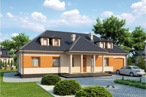 Projekt domu Grądy tech. L-6317 tech., parterowy z poddaszem mieszkalnym, z garażem, bez podpiwniczenia - kolorystyka wersja 1