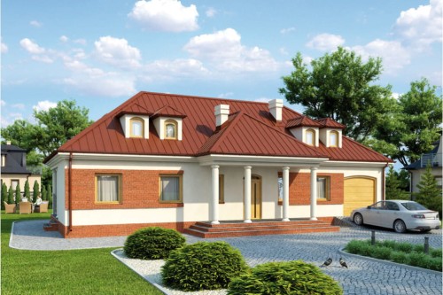 Projekt domu Grądy tech. L-6317 tech., parterowy z poddaszem mieszkalnym, z garażem, bez podpiwniczenia - kolorystyka wersja 2