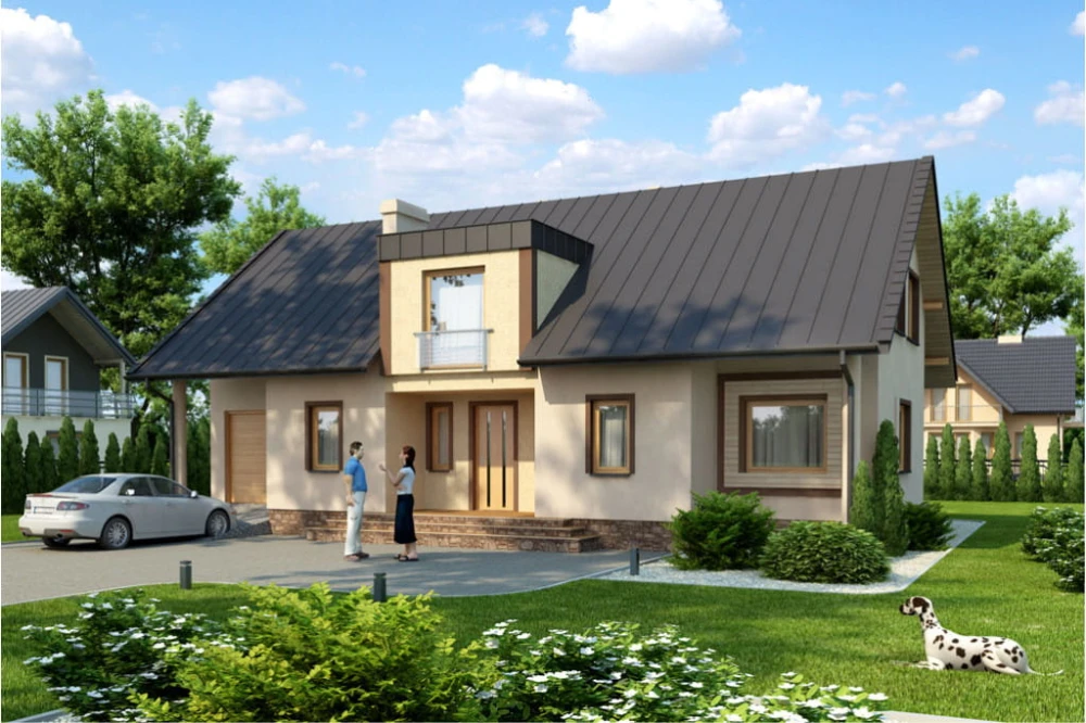 Projekt domu Rozłogi tech. DM-6318 tech., parterowy z poddaszem mieszkalnym, z garażem, bez podpiwniczenia - kolorystyka wersja 2