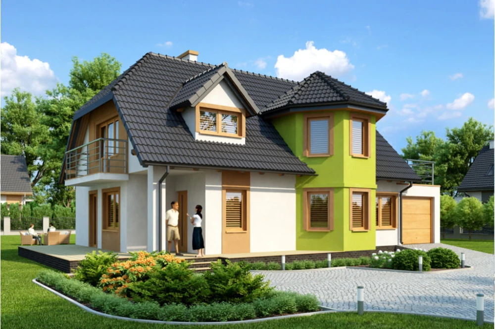 Projekt domu Bronowice tech. DM-6325 tech., dwurodzinny, parterowy z poddaszem mieszkalnym, bez podpiwniczenia, z garażem - kolorystyka wersja 1