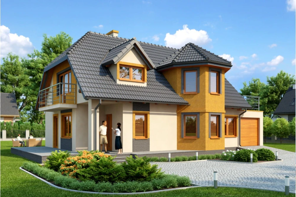 Projekt domu Bronowice tech. DM-6325 tech., dwurodzinny, parterowy z poddaszem mieszkalnym, bez podpiwniczenia, z garażem - kolorystyka wersja 2