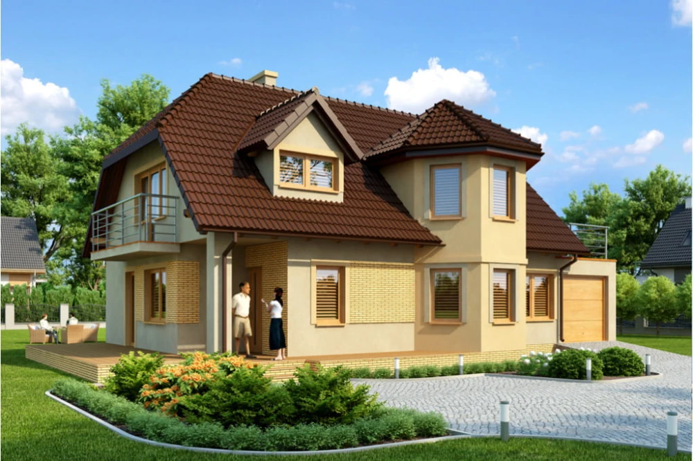 Projekt domu Bronowice tech. DM-6325 tech., dwurodzinny, parterowy z poddaszem mieszkalnym, bez podpiwniczenia, z garażem - kolorystyka wersja 3