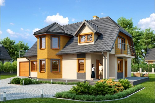 Projekt domu Bronowice 2 tech. L-6325 tech., dwurodzinny, parterowy z poddaszem mieszkalnym, bez podpiwniczenia, z garażem - kolorystyka wersja 2