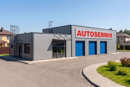 Projekt warsztatu samochodowego K-122 B, parterowy, niepodpiwniczony, zaprojektowany w technologii stalowej - wizualizacja elewacji frontowej