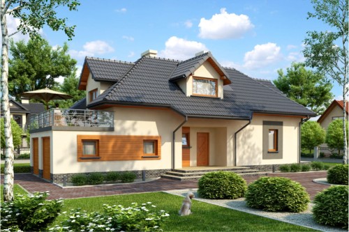 Projekt domu Suliszewo tech. DM-6390 tech., parterowy z poddaszem mieszkalnym, częściowo podpiwniczony, z garażem dwustanowiskowym - kolorystyka wersja 1