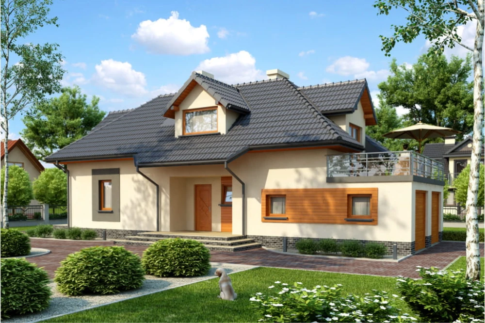 Projekt domu Suliszewo 2 tech. L-6390 tech., parterowy z poddaszem mieszkalnym, częściowo podpiwniczony, z garażem dwustanowiskowym - kolorystyka wersja 1