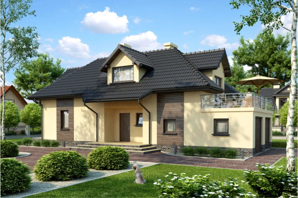 Projekt domu Suliszewo 2 tech. L-6390 tech., parterowy z poddaszem mieszkalnym, częściowo podpiwniczony, z garażem dwustanowiskowym - kolorystyka wersja 3