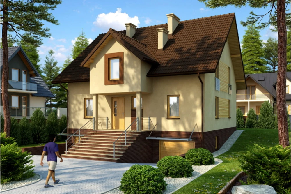 Projekt domu Kłaj 2 tech. L-6398 tech.,  parterowy z poddaszem mieszkalnym, podpiwniczony, z dwoma garażami - kolorystyka wersja 1