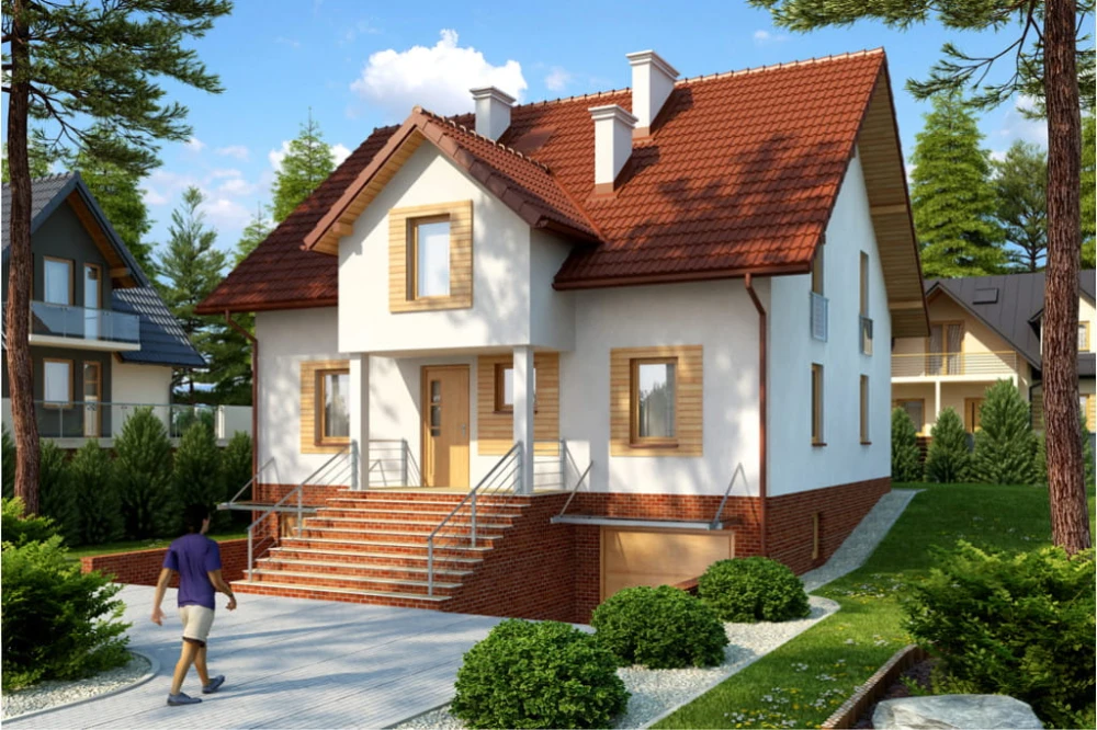 Projekt domu Kłaj 2 tech. L-6398 tech.,  parterowy z poddaszem mieszkalnym, podpiwniczony, z dwoma garażami - kolorystyka wersja 3