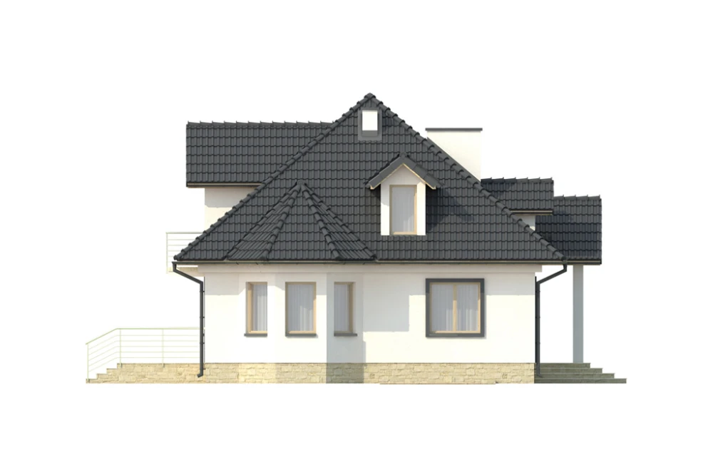 Projekt domu Łomianki DM-6338, parterowy z poddaszem mieszkalnym, częściowo podpiwniczony, z garażem - elewacja lewa