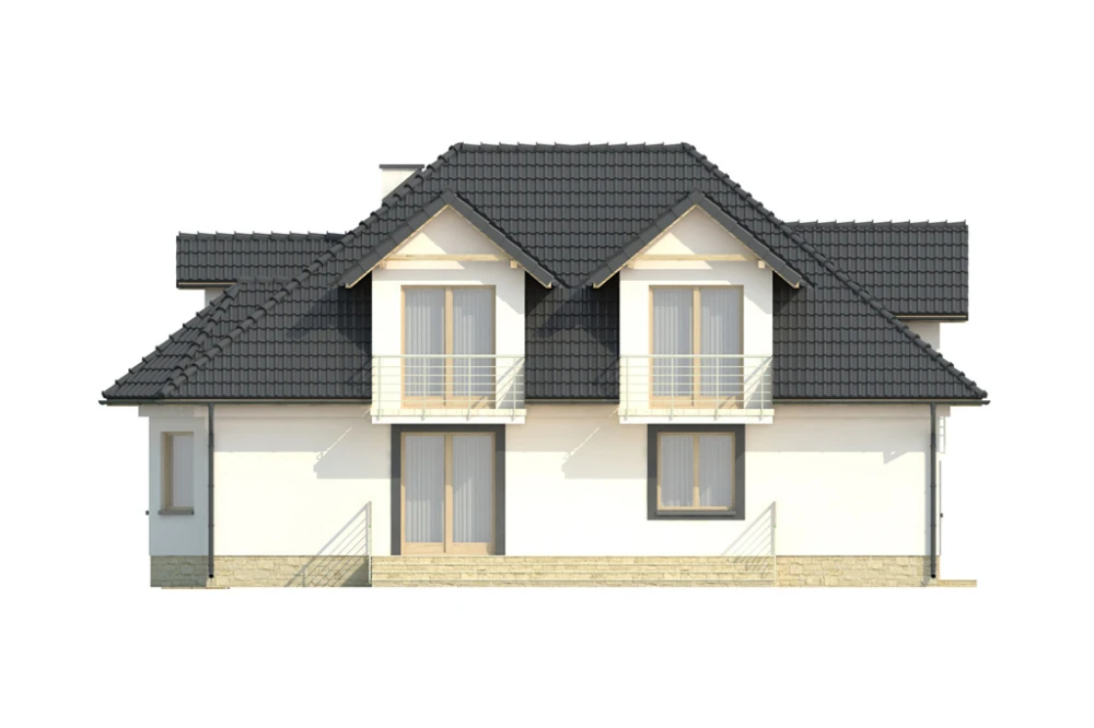 Projekt domu Łomianki 2 L-6338, parterowy z poddaszem mieszkalnym, częściowo podpiwniczony, z garażem - elewacja ogrodowa