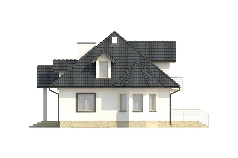 Projekt domu Łomianki 2 L-6338, parterowy z poddaszem mieszkalnym, częściowo podpiwniczony, z garażem - elewacja prawa