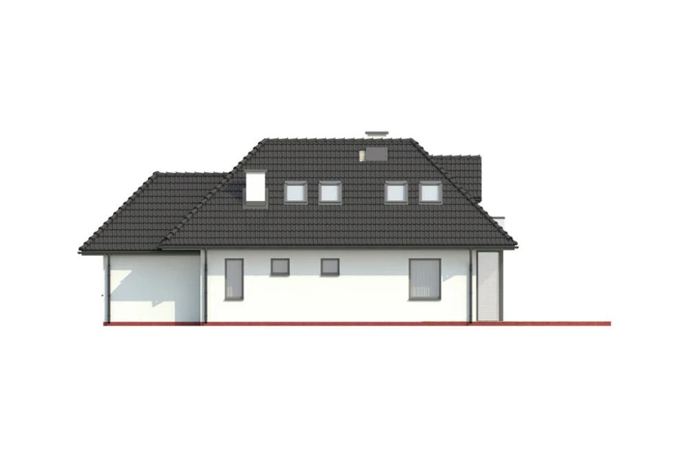 Projekt domu Śnieżyn DM-6346, parterowy z garażem, z poddaszem mieszkalnym, bez podpiwniczenia - elewacja ogrodowa