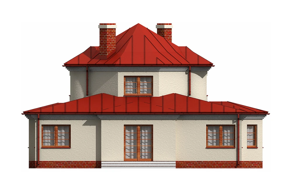 Projekt domu Wieniawa DM-6321,  parterowy z poddaszem mieszkalnym, częściowo podpiwniczony - elewacja ogrodowa