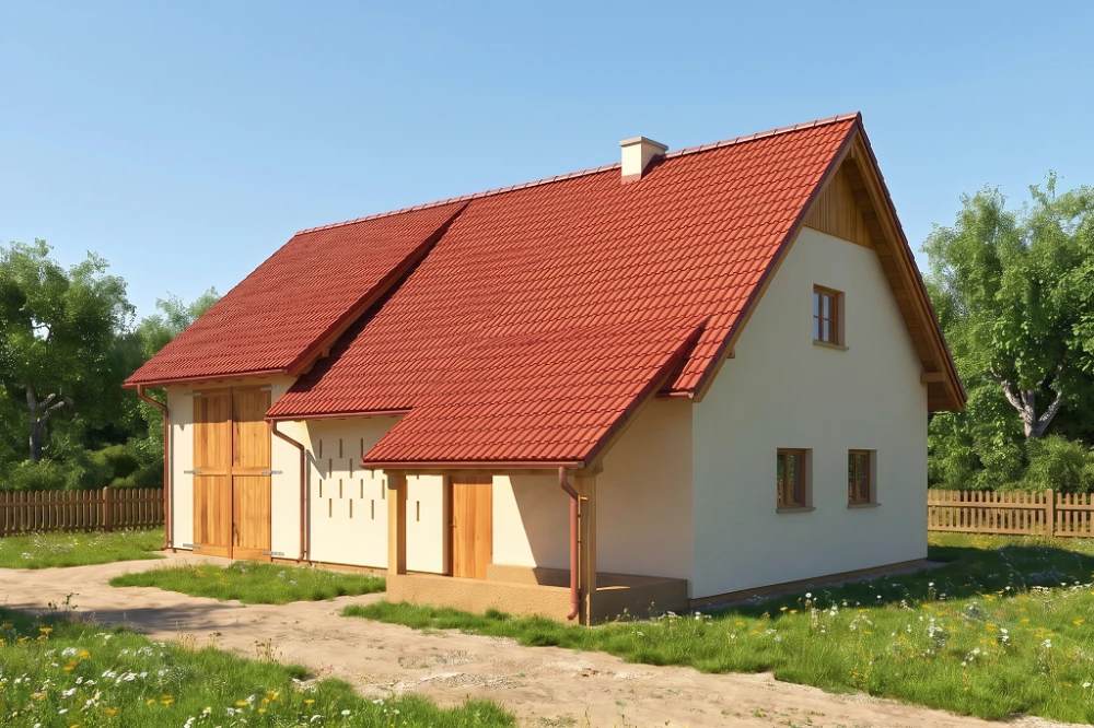 Projekt obory, kurnika ZG-03, parterowy ze strychem, bez podpiwniczenia - wizualizacja elewacji lewej