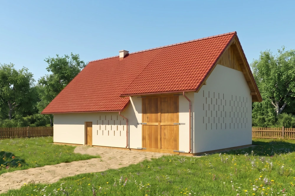 Projekt obory, kurnika ZG-03, parterowy ze strychem, bez podpiwniczenia - wizualizacja elewacji prawej