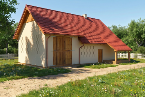Projekt obory, kurnika ZG-03, parterowy ze strychem, bez podpiwniczenia - wizualizacja elewacji ogrodowej