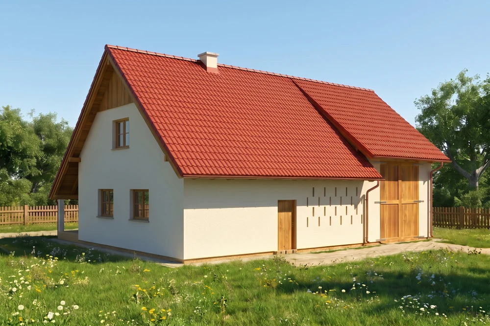 Projekt obory, kurnika tech. ZG-03 tech., parterowy ze strychem, bez podpiwniczenia - wizualizacja elewacji frontowej