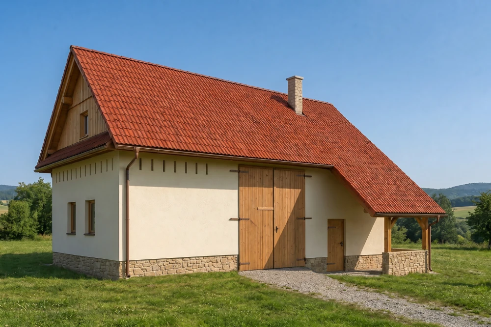 Projekt obory, chlewni ZG-05, parterowy ze strychem, z garażem jednostanowiskowym, bez podpiwniczenia - wizualizacja elewacji lewej