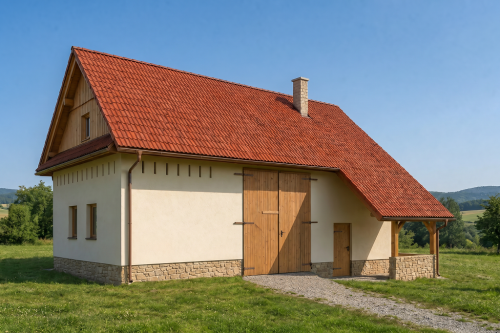 Projekt obory, chlewni ZG-05, parterowy ze strychem, z garażem jednostanowiskowym, bez podpiwniczenia - wizualizacja elewacji lewej