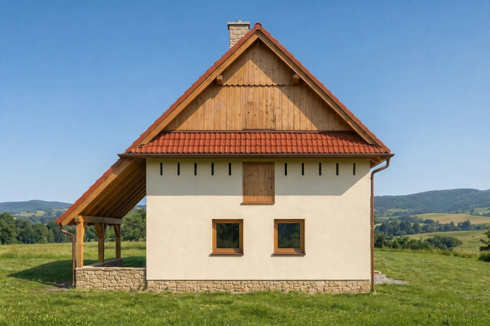 Projekt obory, chlewni ZG-05, parterowy ze strychem, z garażem jednostanowiskowym, bez podpiwniczenia - wizualizacja elewacji prawej
