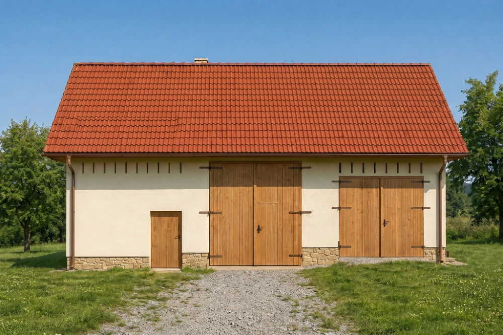 Projekt obory, chlewni ZG-05, parterowy ze strychem, z garażem jednostanowiskowym, bez podpiwniczenia - wizualizacja elewacji ogrodowej