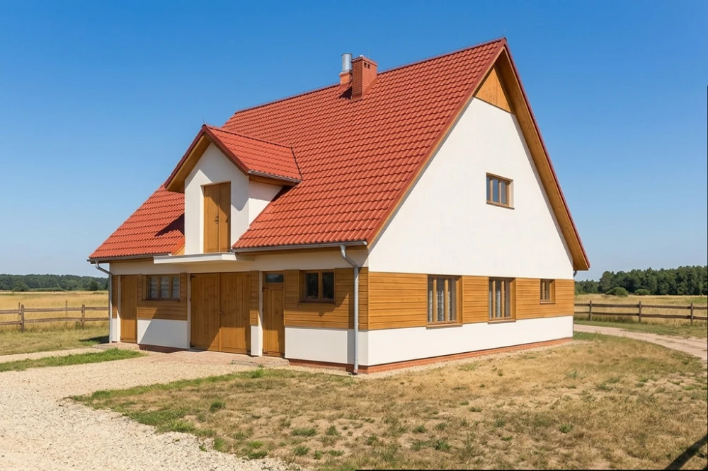 Projekt obory, kurnika ZG-06, parterowy ze strychem, bez podpiwniczenia - wizualizacja elewacji prawej