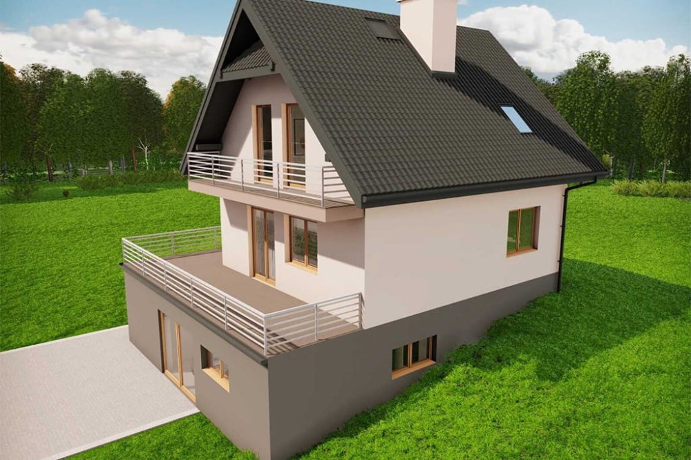 Projekt domu Kościelisko B tech. DM-6324 B tech., jednorodzinny parterowy z poddaszem użytkowym, z piwnicą i garażem - wizualizacja elewacji prawej