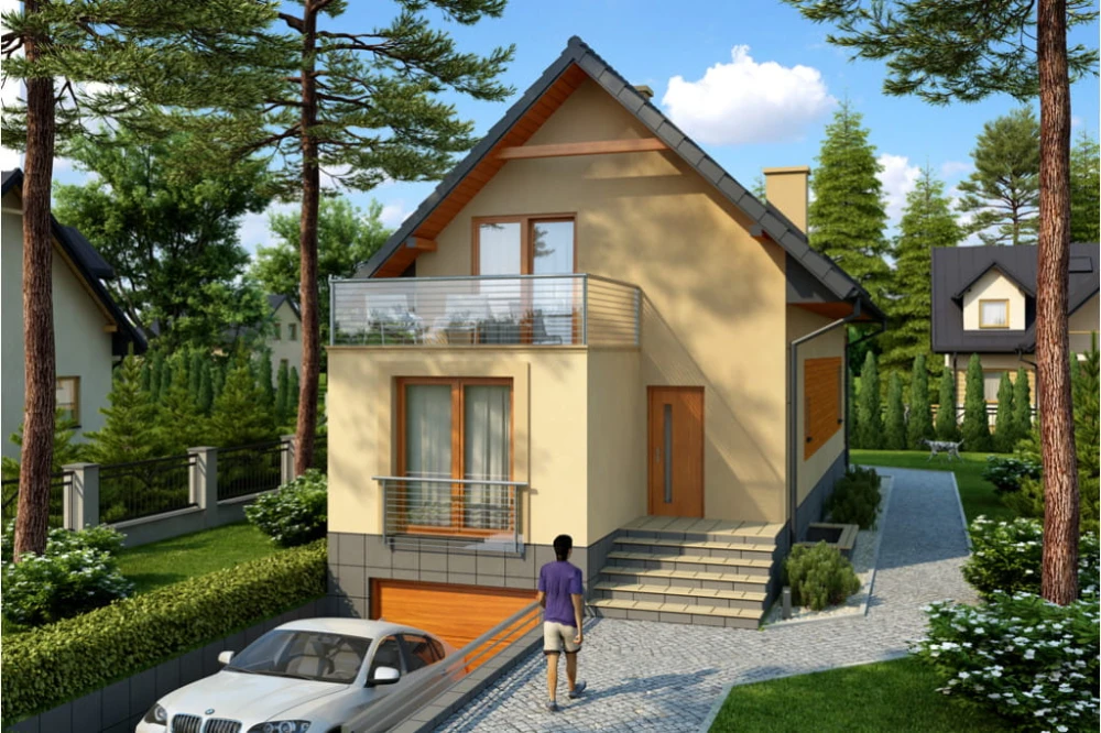 Projekt domu Radomsko tech. DM-6446 tech., parterowy z poddaszem mieszkalnym, częściowo podpiwniczony, z garażem - kolorystyka wersja 1