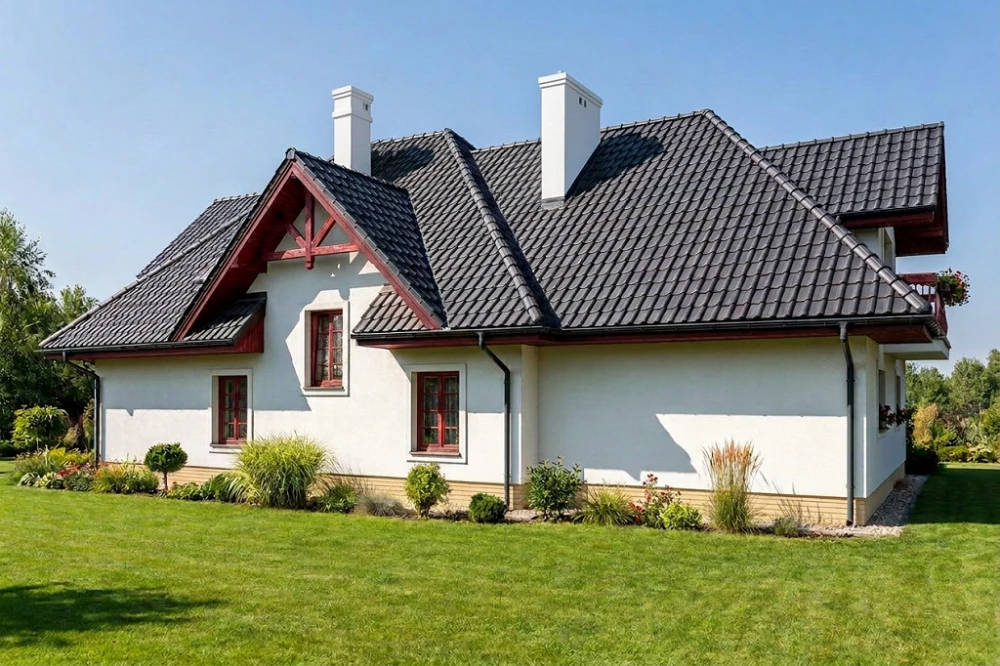Projekt domu Narew tech. DM-6350 B tech., parterowy z garażem dwustanowiskowym, z poddaszem mieszkalnym, częściowo podpiwniczony - wizualizacja elewacji ogrodowej