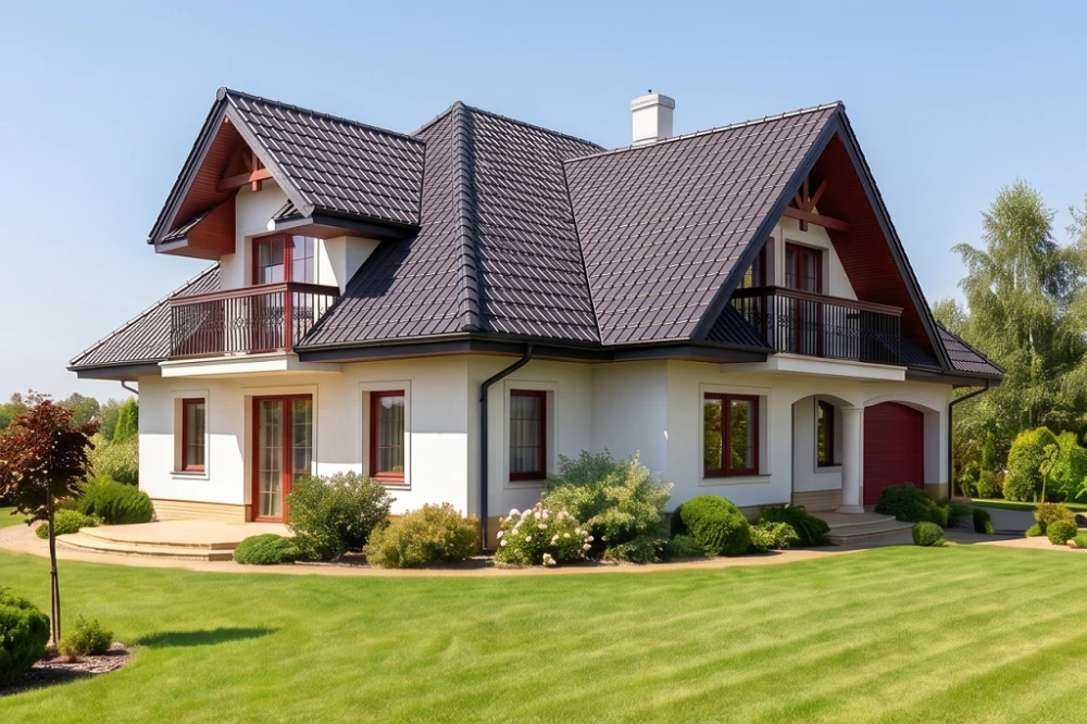 Projekt domu Narew 2 tech. L-6350 B tech., parterowy z garażem dwustanowiskowym, z poddaszem mieszkalnym, częściowo podpiwniczony - wizualizacja elewacji lewej