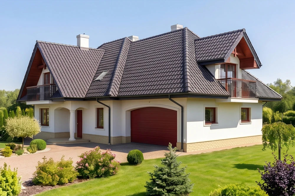 Projekt domu Narew 2 tech. L-6350 B tech., parterowy z garażem dwustanowiskowym, z poddaszem mieszkalnym, częściowo podpiwniczony - wizualizacja elewacji prawej