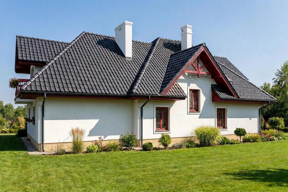 Projekt domu Narew 2 tech. L-6350 B tech., parterowy z garażem dwustanowiskowym, z poddaszem mieszkalnym, częściowo podpiwniczony - wizualizacja elewacji ogrodowej