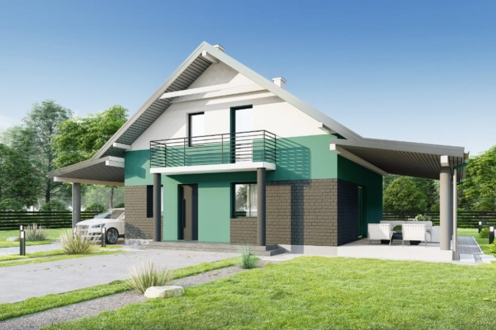 Projekt domu Entro tech. DM-6755 tech., parterowy z poddaszem użytkowym, z wiatą garażową, niepodpiwniczony - kolorystyka wersja 4