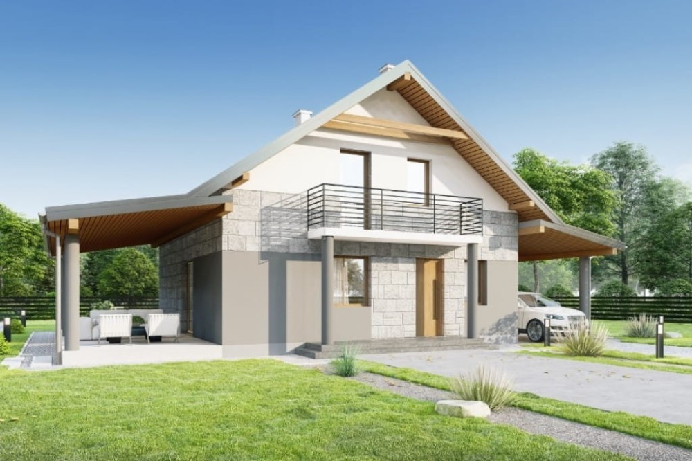 Projekt domu Entro 2 tech. L-6755 tech., parterowy z poddaszem użytkowym, z wiatą garażową, niepodpiwniczony - kolorystyka wersja 3