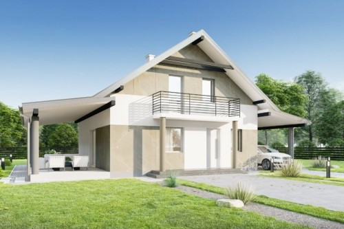 Projekt domu Entro 2 tech. L-6755 tech., parterowy z poddaszem użytkowym, z wiatą garażową, niepodpiwniczony - kolorystyka wersja 2