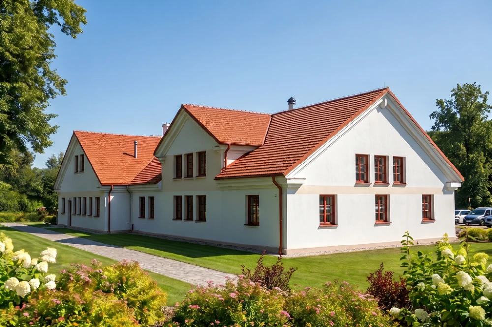 Projekt domu weselnego K-17,  parterowy z poddaszem użytkowym, częściowo podpiwniczony - wizualizacja elewacji lewej
