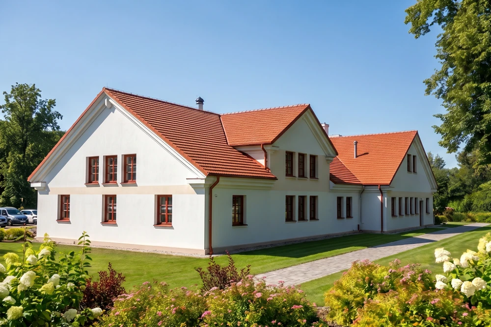 Projekt domu weselnego LK-17,  parterowy z poddaszem użytkowym, częściowo podpiwniczony - wizualizacja elewacji prawej