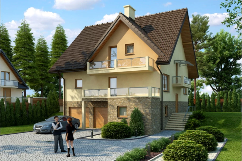 Projekt domu Parczew tech. DM-6399 tech., parterowy z poddaszem użytkowym, z garażem dwustanowiskowym, częściowo podpiwniczony - kolorystyka wersja 1