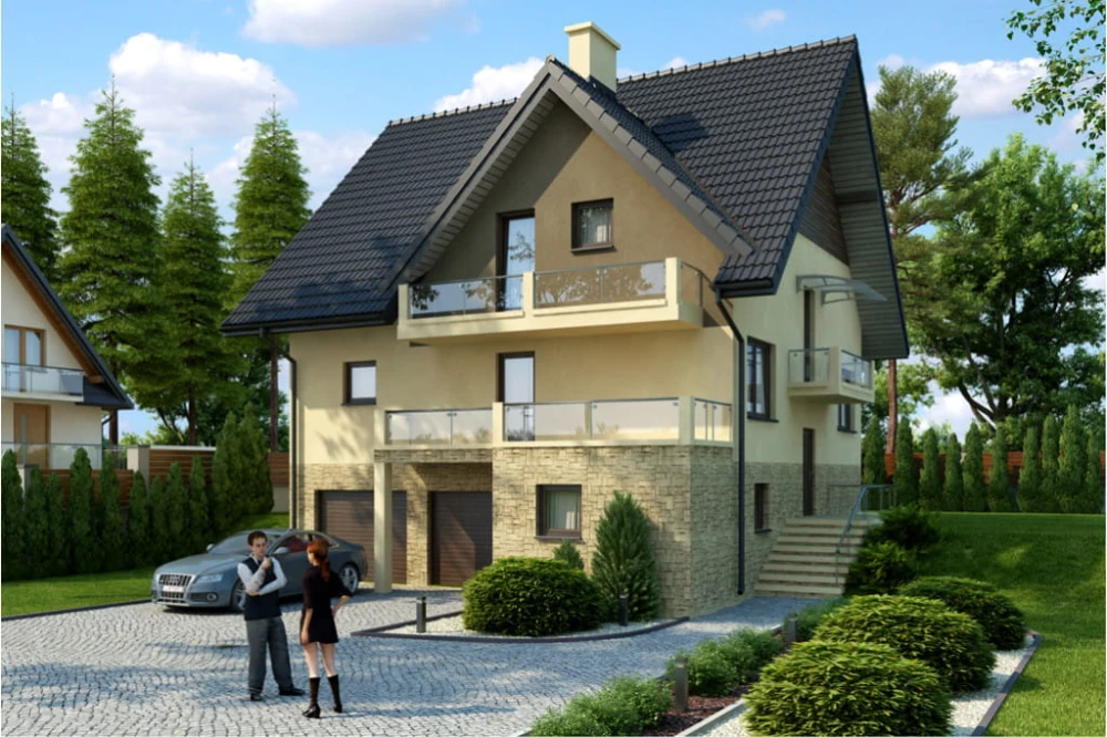 Projekt domu Parczew tech. DM-6399 tech., parterowy z poddaszem użytkowym, z garażem dwustanowiskowym, częściowo podpiwniczony - kolorystyka wersja 2