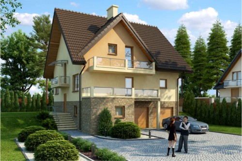 Projekt domu Parczew 2 tech. L-6399 tech., parterowy z poddaszem użytkowym, z garażem dwustanowiskowym, częściowo podpiwniczony - kolorystyka wersja 1