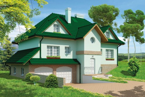 Projekt domu Zarzecze tech. DM-6403 tech., parterowy z poddaszem użytkowym, z garażem dwustanowiskowym, częściowo podpiwniczony - kolorystyka wersja 2