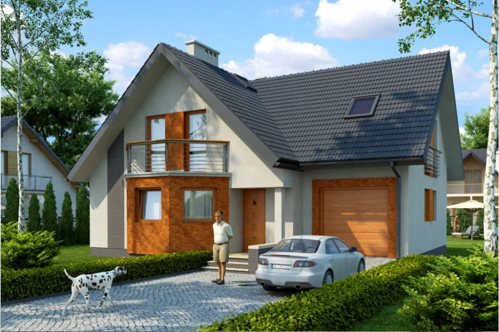Projekt domu Łabędzin tech. DM-6405 tech., parterowy z poddaszem użytkowym, z garażem jednostanowiskowym, bez podpiwniczenia - kolorystyka wersja 3