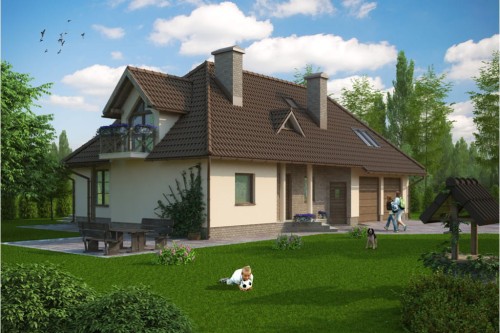 Projekt domu Galewice tech. DM-6132 tech., parterowy z poddaszem użytkowym, garażem dwustanowiskowym, niepodpiwniczony - kolorystyka wersja 2