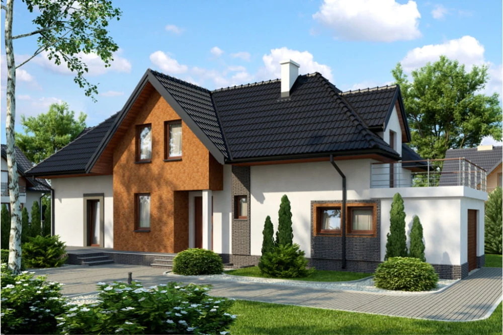 Projekt domu Racholin 2 tech. L-6408 tech., parterowy z poddaszem użytkowym, z garażem jednostanowiskowym, częściowo podpiwniczony - kolorystyka wersja 1